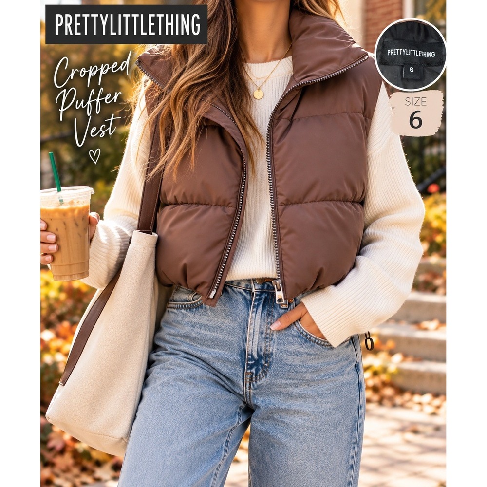 PrettyLittleThing Chocolate Brown Cropped Puffer Vest Size 6 Funnel Neck Quilted